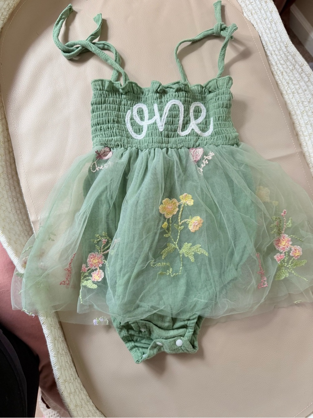 3 for $25 Green Tulle 'One' Baby Romper with Floral Embroidery
